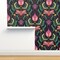 Bugs Damask Nature Art Deco Garden Spring Kids Nouveau Black Pink Teal Beetles Dandelions Insects Caterpillar Custom Pre-pasted Wallpaper by Spoonflower Pre-Pasted Wallpaper 2FT Wide